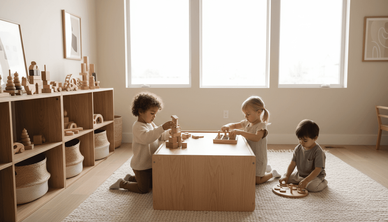 Young child engaged with wooden educational toy in warm, minimal setting